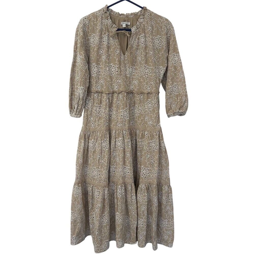 Chicos Beige White Eyelet Cotton Lined Midi Peasant Dress Size 8 (1) Cottagecore